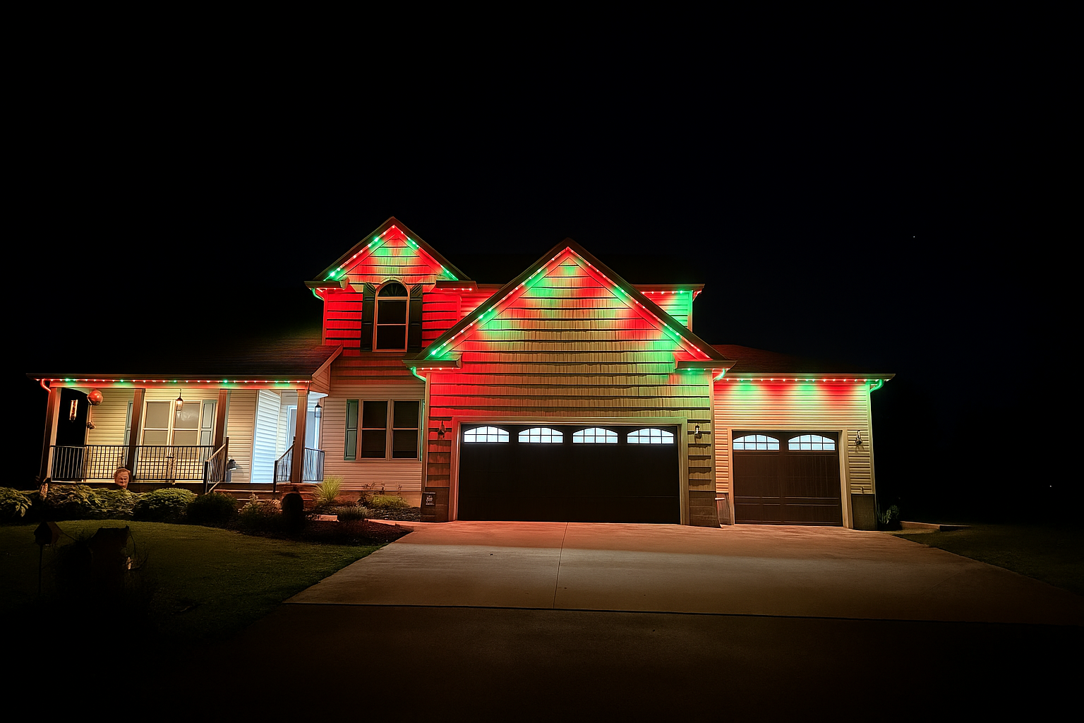 A home outlined in permanent red and green roofline lighting at night
